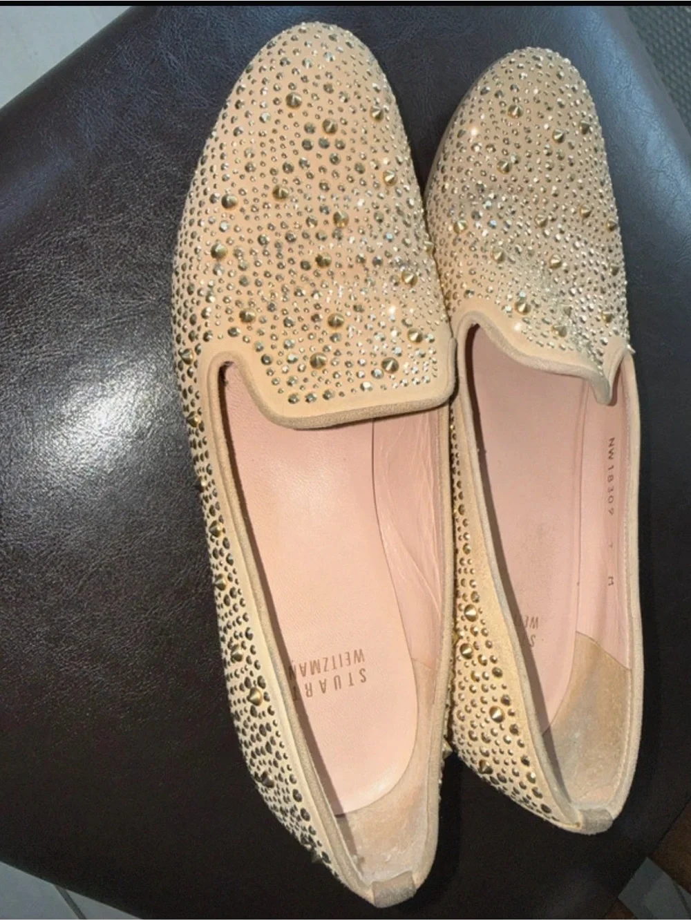 Stuart Weitzman Beige Suede Studded Slip-On Loafer Flats Women’s US 7 M